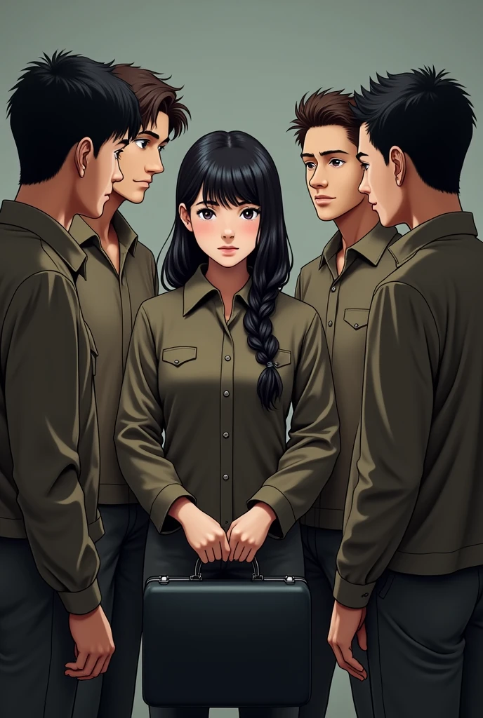 A humanized photo of four men in work uniforms around (One is black haired, another brown hair, the other with black hair and the other with darker brown hair, Everyone has white skin color, none of them have beards) And in the middle of them is a girl in a work uniform with a briefcase in her hands., Her hair is black but with a braid that is on her shoulder, All four of them are looking at her.