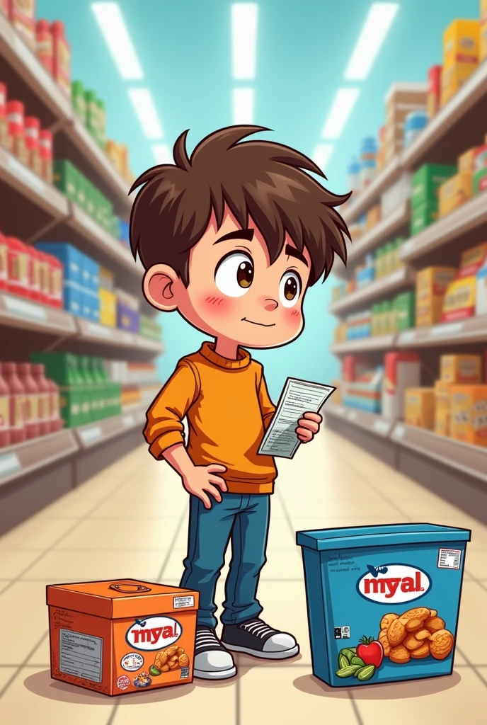 Make a boy cartoon drawing about a wise and intelligent consumer comparing a real and a fake product, one product is cheap but fake and the other one has a higher price but the product is real and effective and he is at the grocery store