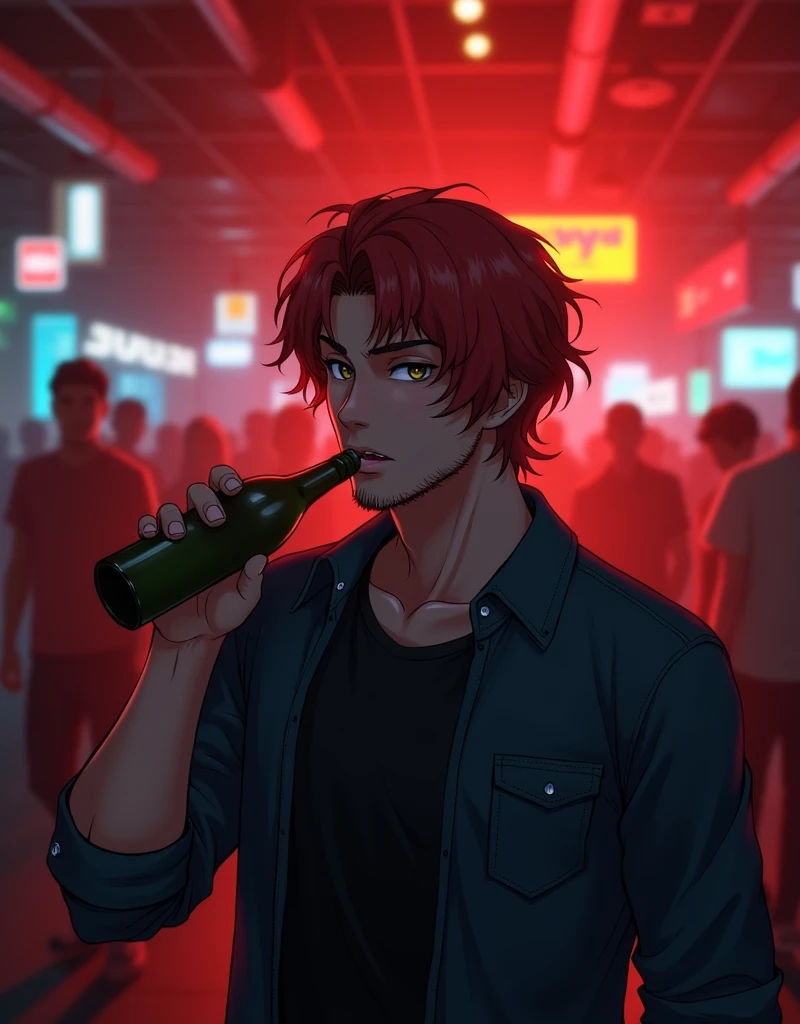 Create a anime style landscape image. Stylized anime portrait photograph with a dark, moody aesthetic. The layout is vertical, focusing on a single male subject in the center. The man has medium-length, wavy hair that is reddish-brown in color. He has a light to medium skin tone and a well-groomed beard. He is wearing a dark denim shirt over a black t-shirt and is holding a bottle to his mouth, appearing to drink from it. The background is blurred with a reddish hue, featuring indistinct shapes and lights, possibly indicating a crowd or a festive environment. The overall color scheme is dominated by dark reds and blacks, giving the image a dramatic and intense feel.