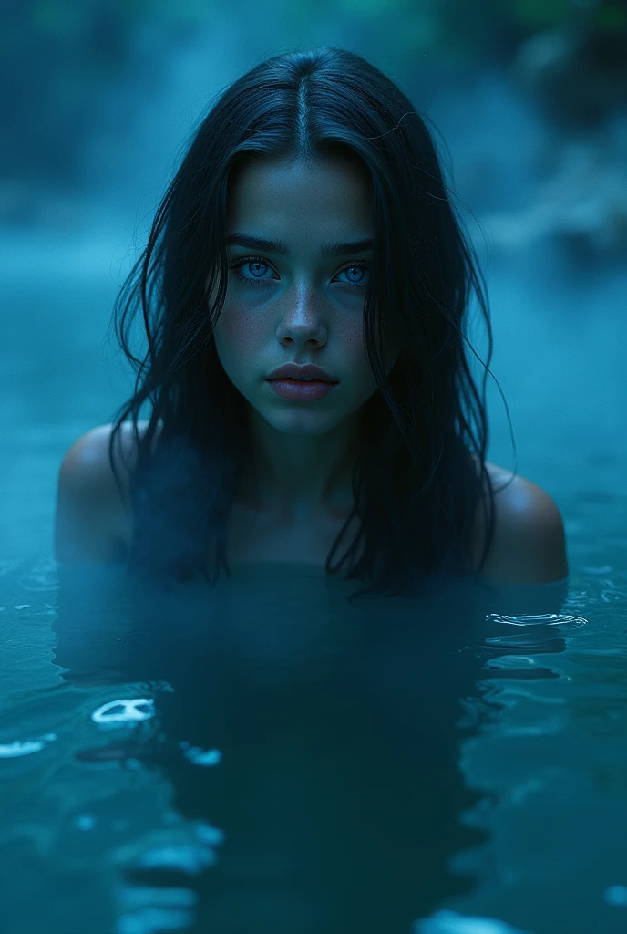 A beautiful 20 year old girl with dark hair, Sapphire blue eyes, long black hair, blue haze, in a blue sea at night