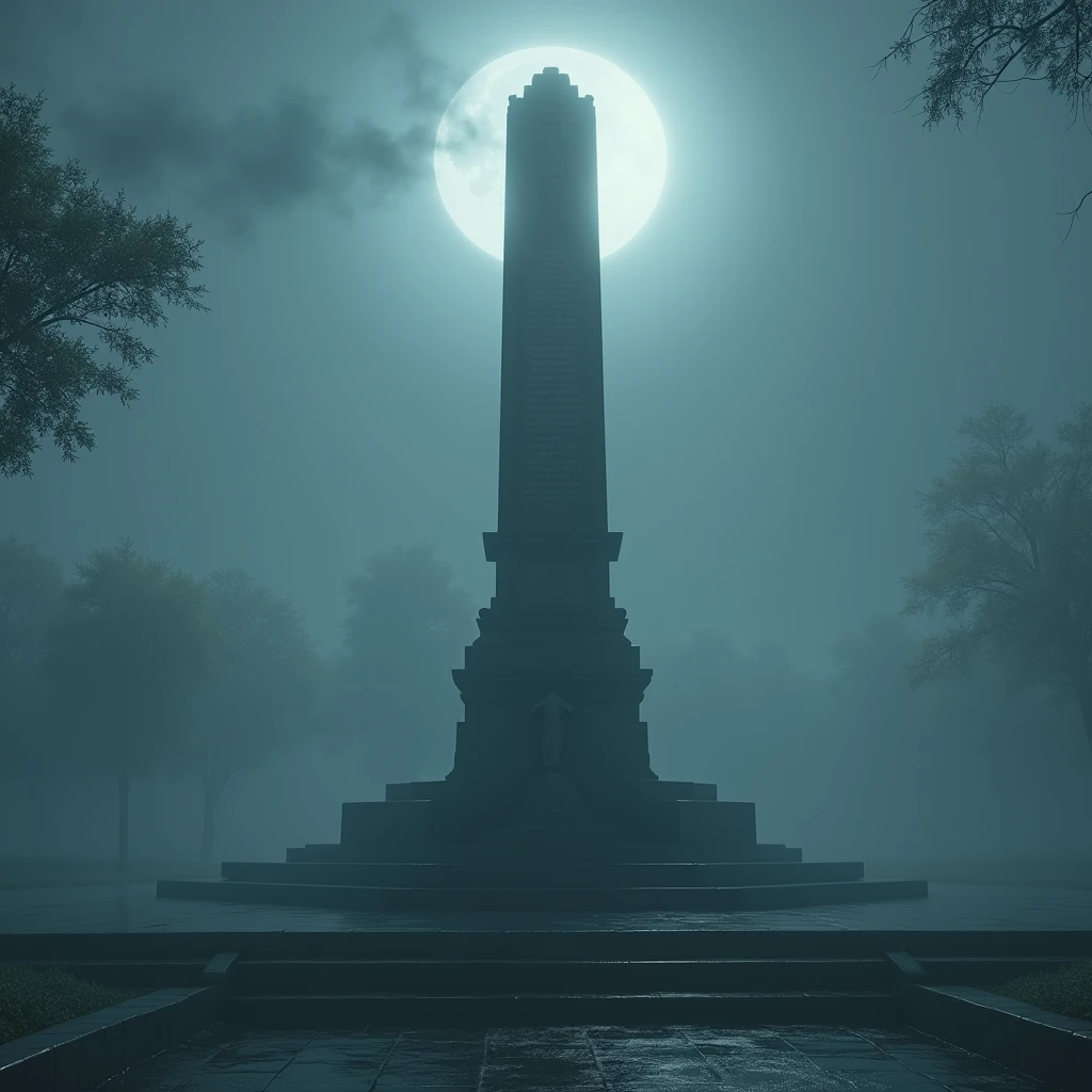 Late at night, in the middle of the city is an ancient monument, with some names engraved on it, but they are slowly being erased. Full moon in the sky and thick fog around.