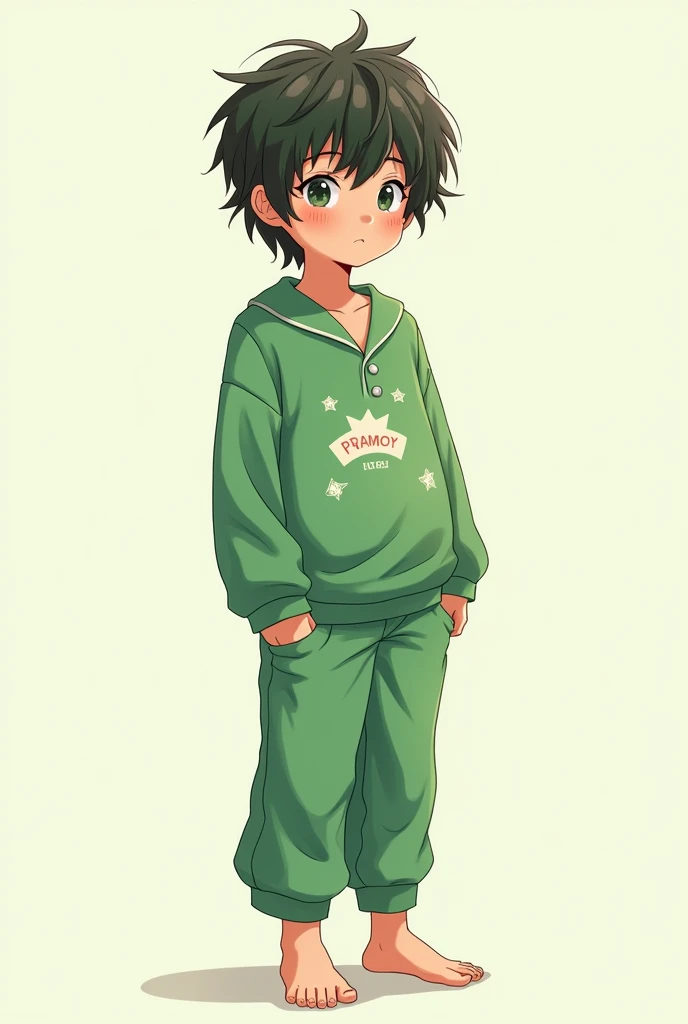 Barefoot anime boy with green pajamas with brand on his belly 