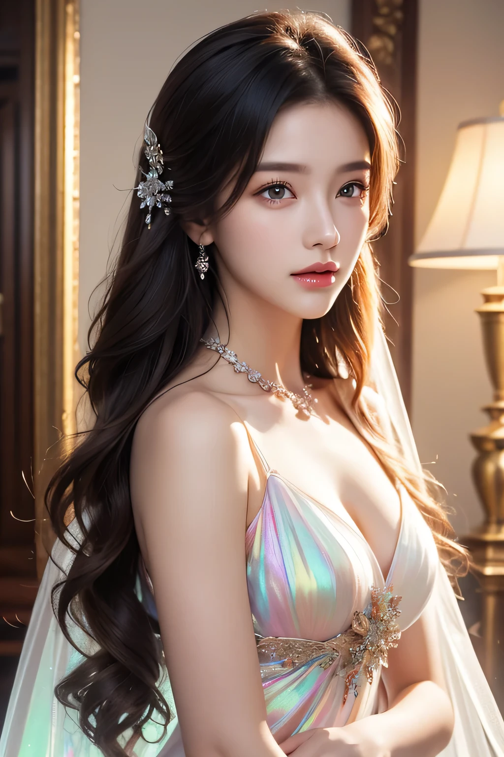 High-quality work,Realistic works,Super premium graphics,8K HD CG works,high quality graphics,High-definition and exquisite CG works,10x pixels,Ultra-fine details:1.1,Advanced technical details:1.1Realistic photo effects,Interior lighting effects:1.5,natural soft light:1.5. Light effect(Virtual light effects:1.8),ultra high resolution,shining dress,sliver long hair,silber hair,transparenthair,high detailed hair(Quality hair details:1.1)Clear eyes,Double eyelids look good,Sharp eye makeup, Create exquisite eyelash makeup, tthin eyebrows, Ultra-detailed eyes,a tall nose, lovely red lips, rosey cheeks, With delicate makeup on her face , pretty face, The face shape is perfectly proportioned,(Advanced facial details:1.1)8K, UHD, Masterpiece, extreme quality, 1 girl, good face, detailed eyes, very long hair, detailed lips, small breasts, detailed empress fantasy dress, rainbow fantasy dress, ((glowing dress:1.5)), lace, (bare waist:1.5), flowing sardine, beautiful fantasy, fantasy empress, beautiful alluring Realistic art, shining skin, in the balcony, Realistic shadow, depth of field, ray tracing, god rays, bloom, bokeh effect, , Women's artwork,Dress full body video,Realism,Amazing Cleavage,My eyes are very bright today