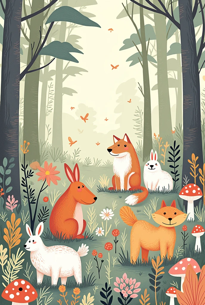 There are photos of various animals in a flower field, line art illustration, ln the forest, Hand drawn illustrations, pattern designs, Fantasy Forest