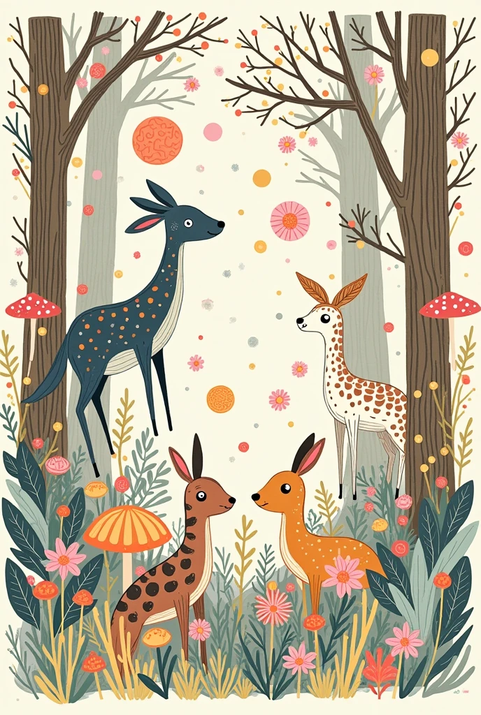 There are photos of various animals in a flower field, line art illustration, ln the forest, Hand drawn illustrations, pattern designs, Fantasy Forest