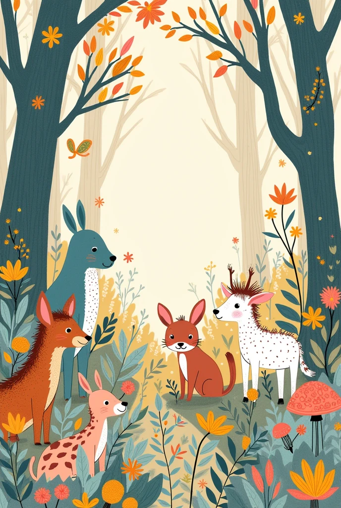 There are photos of various animals in a flower field, line art illustration, ln the forest, Hand drawn illustrations, pattern designs, Fantasy Forest