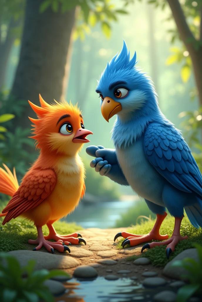 Seeking Treatment: The bird goes to a wise bird for medical advice to heal her chicks. The wise bird is also blue, and it is shown helping the bird with her problem.






