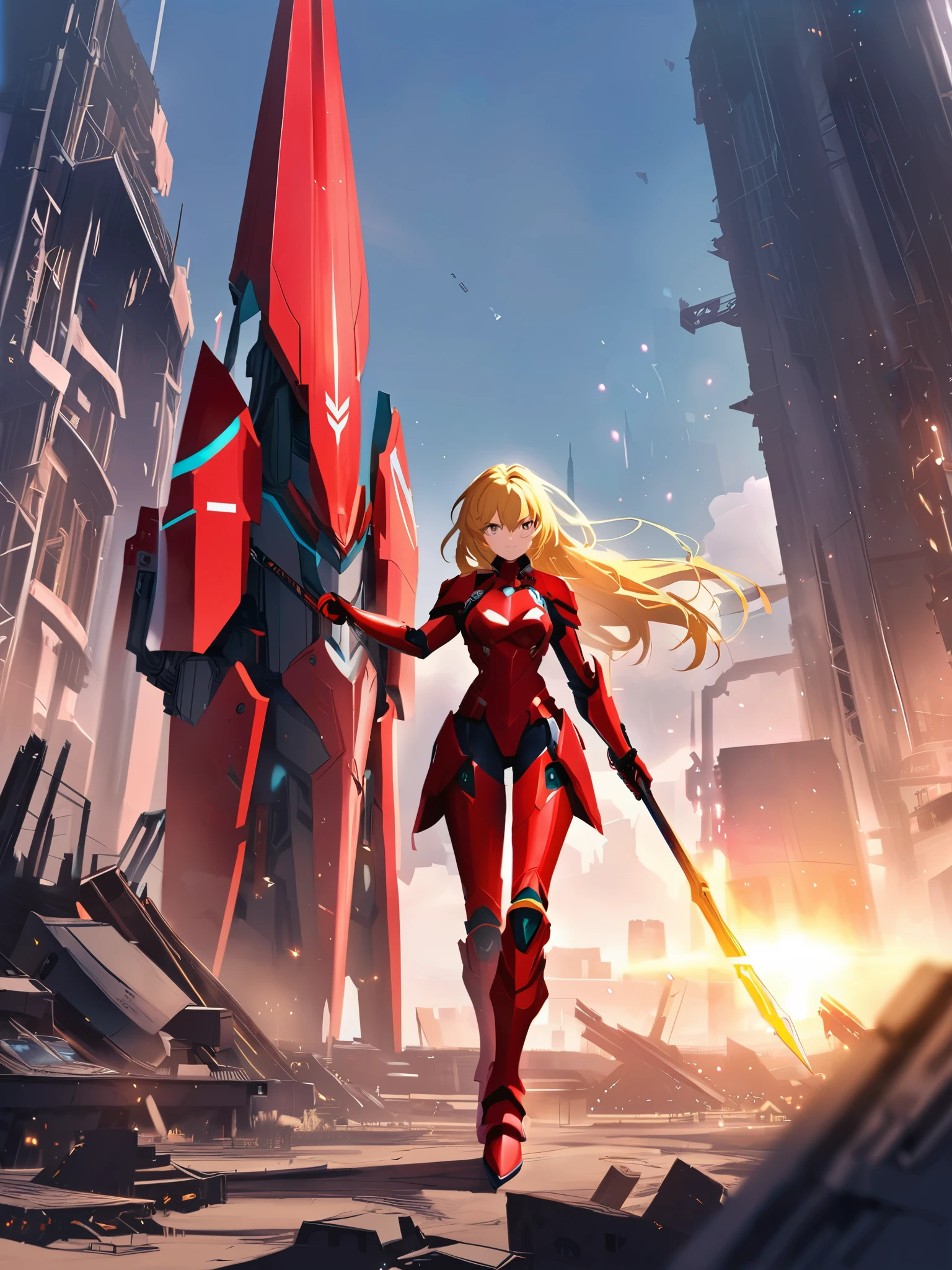 The image depicts a female anime character with long blonde hair and red armor, wielding a large weapon. She appears to be in a futuristic or sci-fi setting, surrounded by mechanical structures. Based on the character's appearance and the overall style, this could be considered a young, anime/manga genre character.