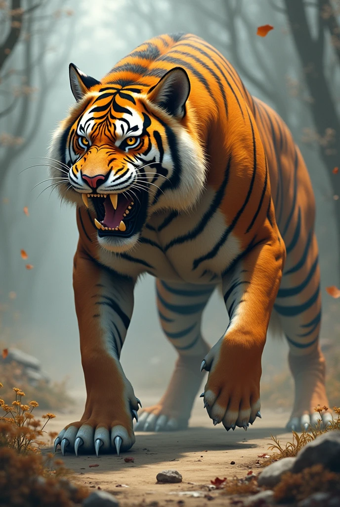 Imagine a powerful creature that is a fusion of a tiger and a dog—a beast with the muscular body of a tiger, rippling with strength, and the loyalty of a dog. Its fur is striped like a tiger's, but with the alert ears and sharp, intelligent eyes of a dog. This monstrous combination exudes both ferocity and speed, with claws as sharp as knives and a growl that sends chills down your spine. It stands tall, its massive frame radiating a terrifying presence, blending the fearsome nature of a predator with the relentless loyalty of man's best friend.