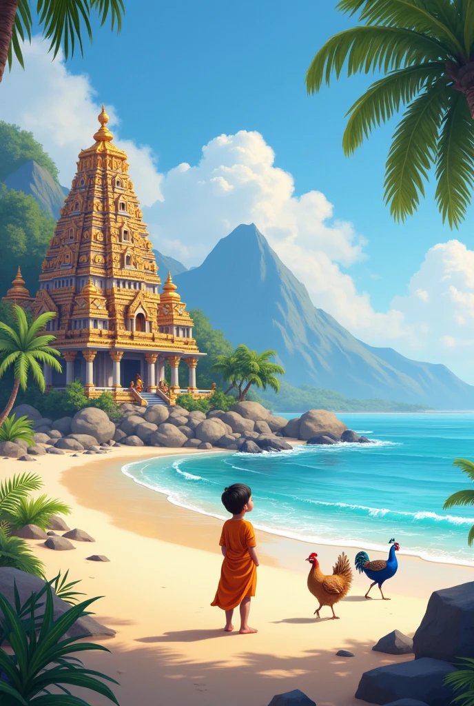 In beach around mountain and lord murugan temple in beach 4 years child lord murugan and left side peacock and right hen walking in the beach realistic