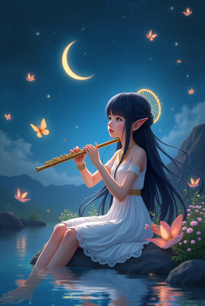 instrument, 1girl, star_(sky), playing_instrument, staff, jewelry, sky, bug, water, butterfly, music, night, starry_sky, dress, 1boy, bracelet, necklace, halo, colored_skin, flute, black_hair, holding, night_sky, moon, artist_name
