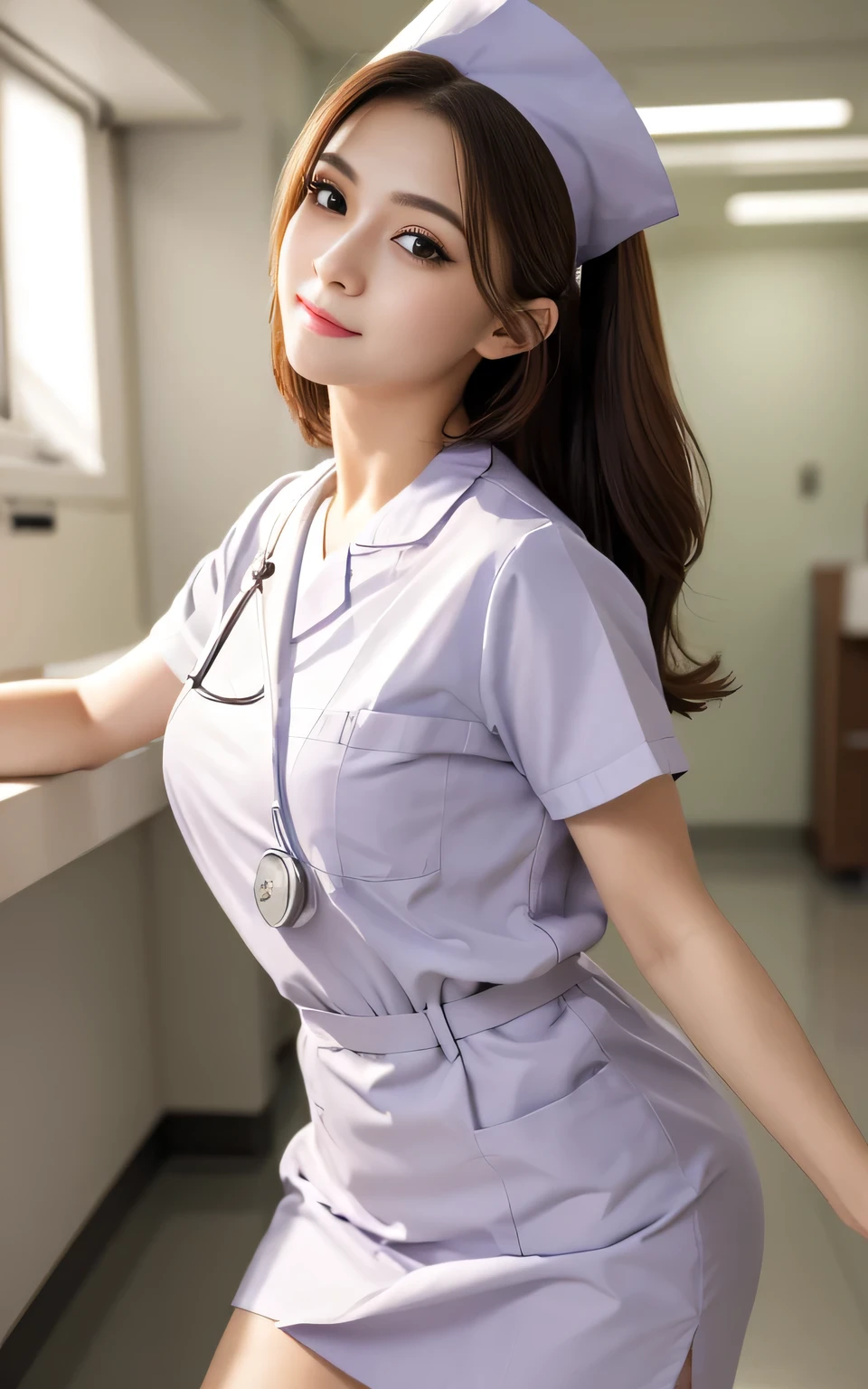 Beauty,  high quality, Complete, In detail, High resolution, 8k wallpaper, whole body, Perfect dynamic composition,  Beautiful attention to detail, Random poses, Charm, Alluring, 20 year's old, round face, nurse, hospital, 