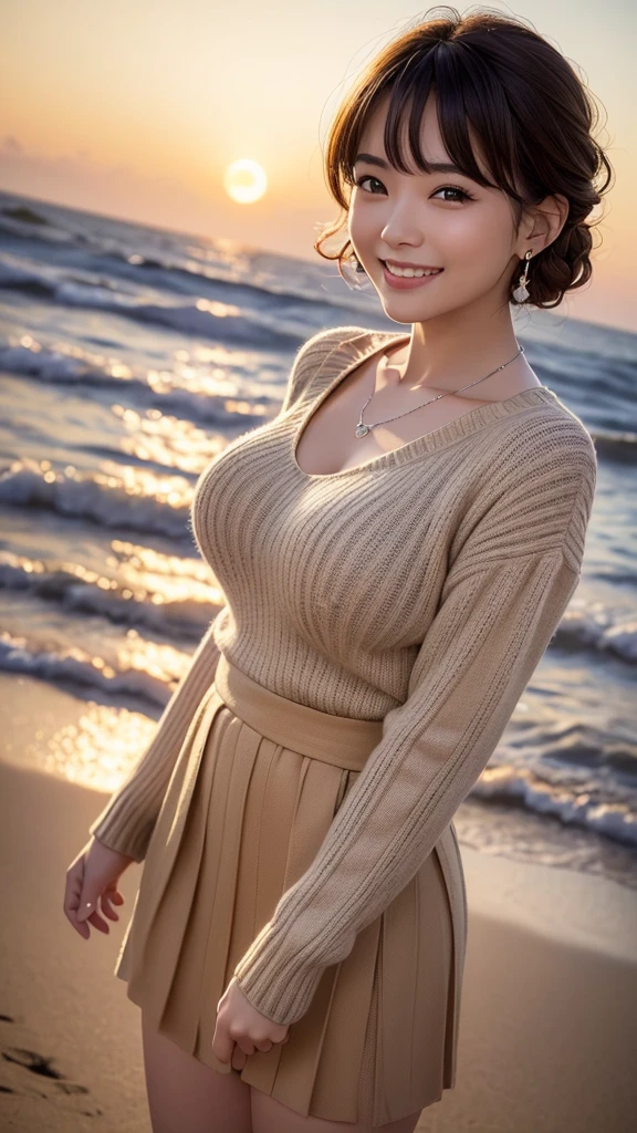 (Highest quality,masterpiece:1.3,Ultra-high resolution),(Very detailed,Caustics,8k),(Realistic:1.4,RAW shooting),1,cute,Japanese,Short brown hair that curls outwards,(Beige summer knitwear),(smile),Look up at the camera、(Brown short skirt),blue sky,sun,Backlight,(coastline),(sunset、sunset:1.1),,(Photographed from the waist up),(Face Focus),(Face close-up),(High Situation:1.3),(High Angle:1.3),Natural light 、Embarrassed smile、Parted bangs、Big Breasts、With small earrings、Silver Necklace、((Big Breasts))、Embarrassed smile、