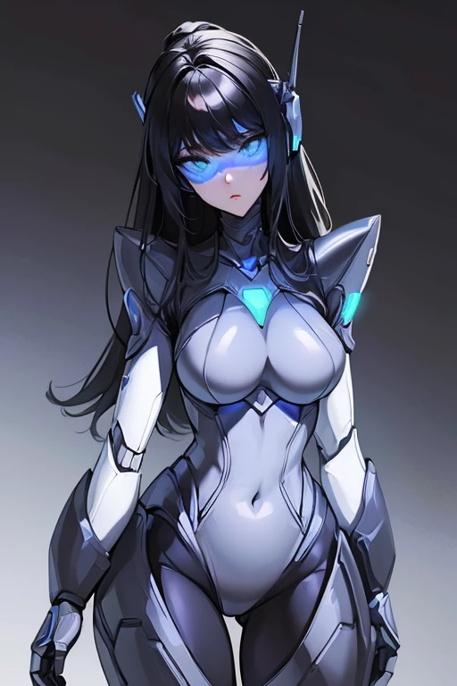 empty eyes,robotization,woman ,big bust,Robot Joint ,Metal skin,Black Suit,long hair,a black suit that covers the whole body,robot legs,robot arm,robot suit,robot face