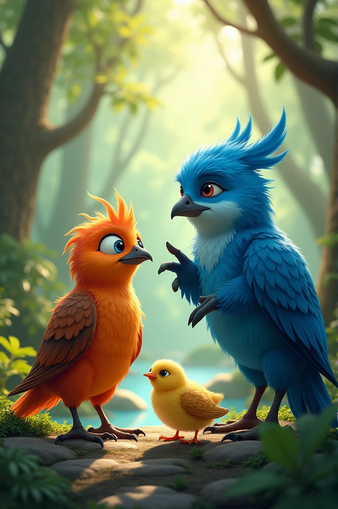Seeking Treatment: The bird goes to a wise bird for medical advice to heal her chicks. The wise bird is also blue, and it is shown helping the bird with her problem.