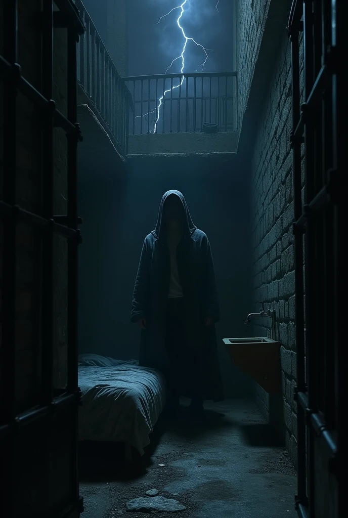 prison of cell the scene is dark night and Lightning