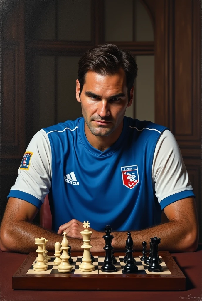 Roger Federer playing chess with the Cruz Azul shirt