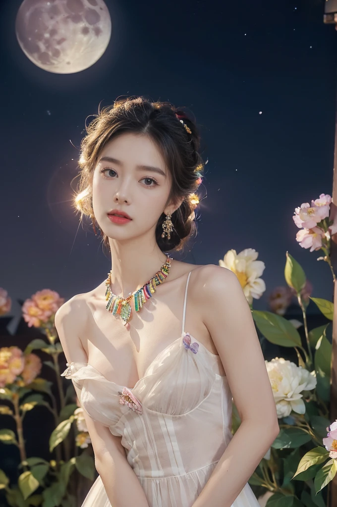 (((best quality))),(((ultra detailed))),(((masterpiece))),illustration,((1 beautiful girl,solo)),(neat chignon:1.2),((earrings,crystal necklace)),((slim,thin)),((small breasts,flat chest)),(slender legs:1.2),(stockings:1.3),(a moon in the clear night sky as the background:1.3), gentle glow,(Standing in the world full of vibrant flowers:1.3),(gorgeous dress:1.3),sparkling eyes,graceful,(surrounded by crowded colorful flowers:1.5), kaleidoscope, shimmer,bright moonlight, delicate petals, fragrance, otherworldly, magical realm, enchantment, tranquility, essence of beauty, peace,(outdoor:1.),(night scene:1.3),((from front,upper body))