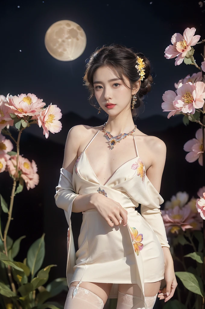 (((best quality))),(((ultra detailed))),(((masterpiece))),illustration,((1 beautiful girl,solo)),(neat chignon:1.2),((earrings,crystal necklace)),((slim,thin)),((small breasts,flat chest)),(slender legs:1.2),(stockings:1.3),(a moon in the clear night sky as the background:1.3), gentle glow,(Standing in the world full of vibrant flowers:1.3),(gorgeous Chinese dress:1.3),sparkling eyes,graceful,(surrounded by crowded colorful flowers:1.5), kaleidoscope, shimmer,bright moonlight, delicate petals, fragrance, otherworldly, magical realm, enchantment, tranquility, essence of beauty, peace,(outdoor:1.),(night scene:1.3),((from front,upper body))