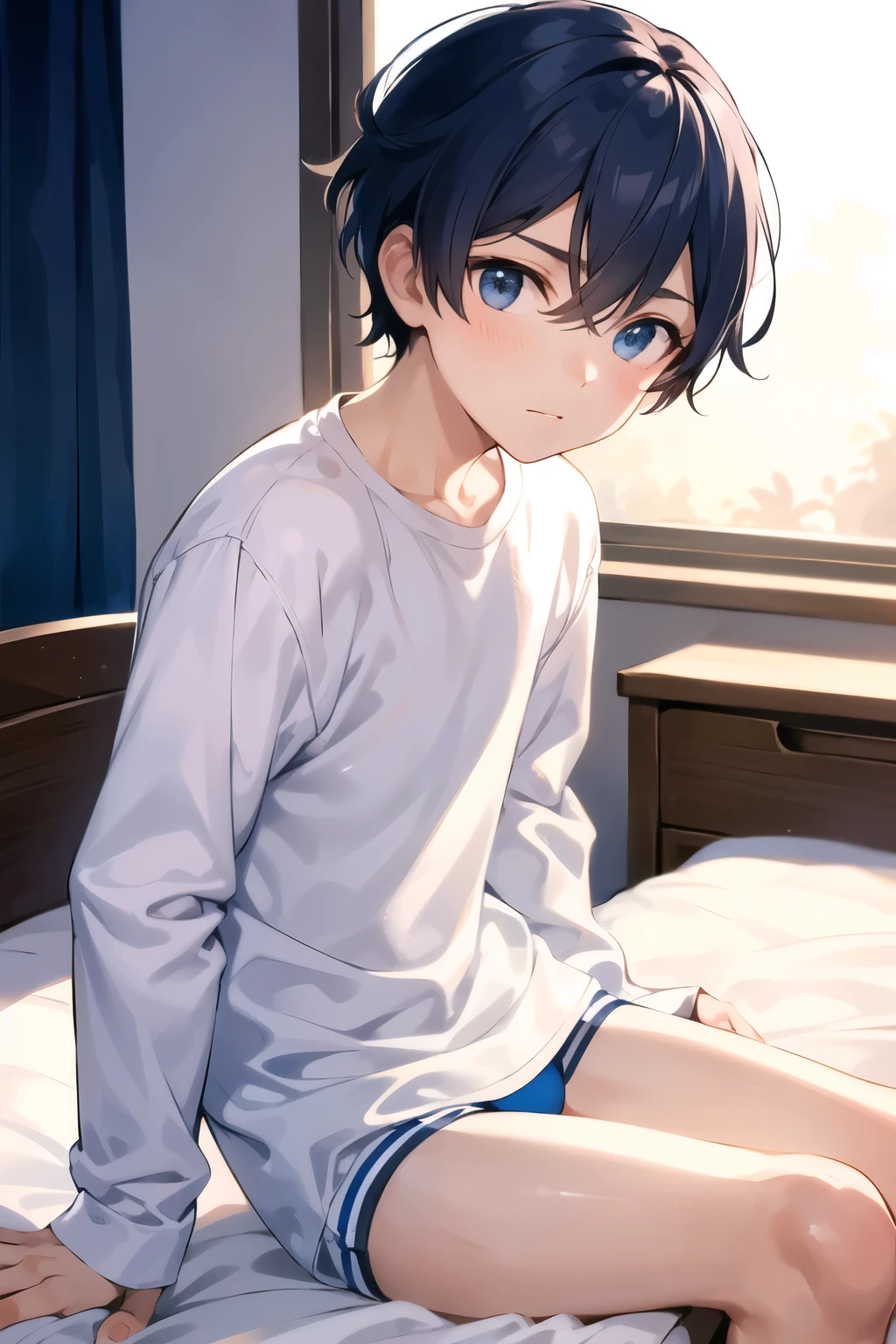 a boy sitting in a bedroom, wearing a white long sleeve shirt and blue underwear, viewed from the side,