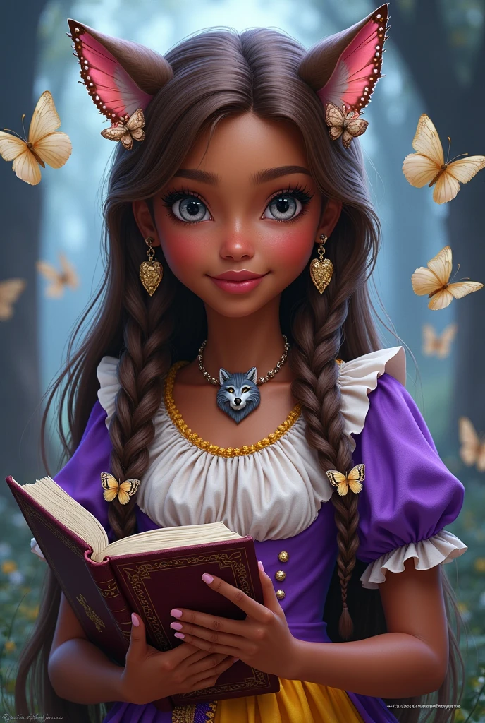 Imagem da filha da Cerise Hood e da Cedar Wood de Ever After High: You must have straight hair with brown waves, white locks and braids, dark brown skin, gray eyes, purple dress with white on top and yellow with purple on the bottom, wolf pendant, butterfly earrings, butterfly elements on clothes and hair and holding a book of fairy tales