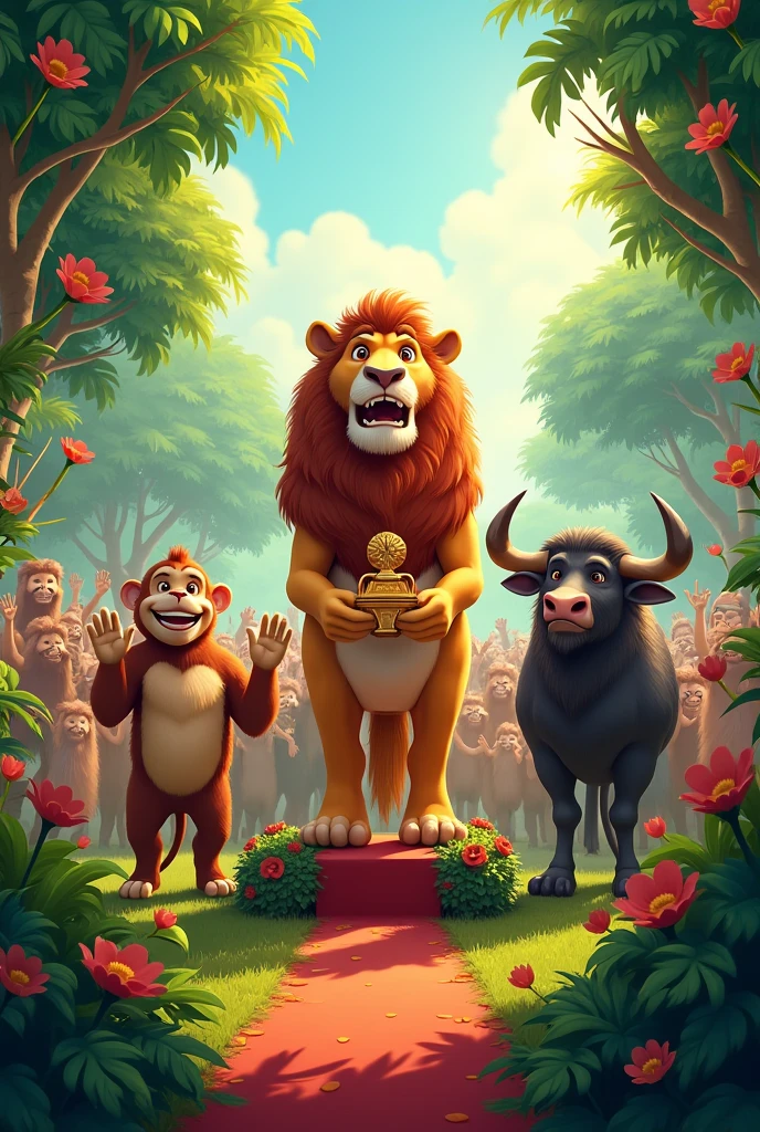 The Grand Celebration
Show a big celebration in the jungle with all the animals cheering. The lion gives awards to the monkey and buffalo.