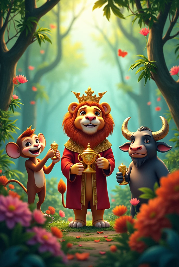 The Grand Celebration
Show a big celebration in the jungle with all the animals cheering. The lion gives awards to the monkey and buffalo.