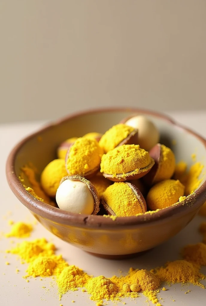 Macadamia nuts have smooth dark brown shells mixed with smooth round white macadamia nuts., Many round and smooth macadamia nuts, cover with lots of yellow durian powder, put in bowl, near angle. In front of the screen are freshly shelled macadamia nuts., durian powder evenly coated, spread evenly over seeds, do not form piles
