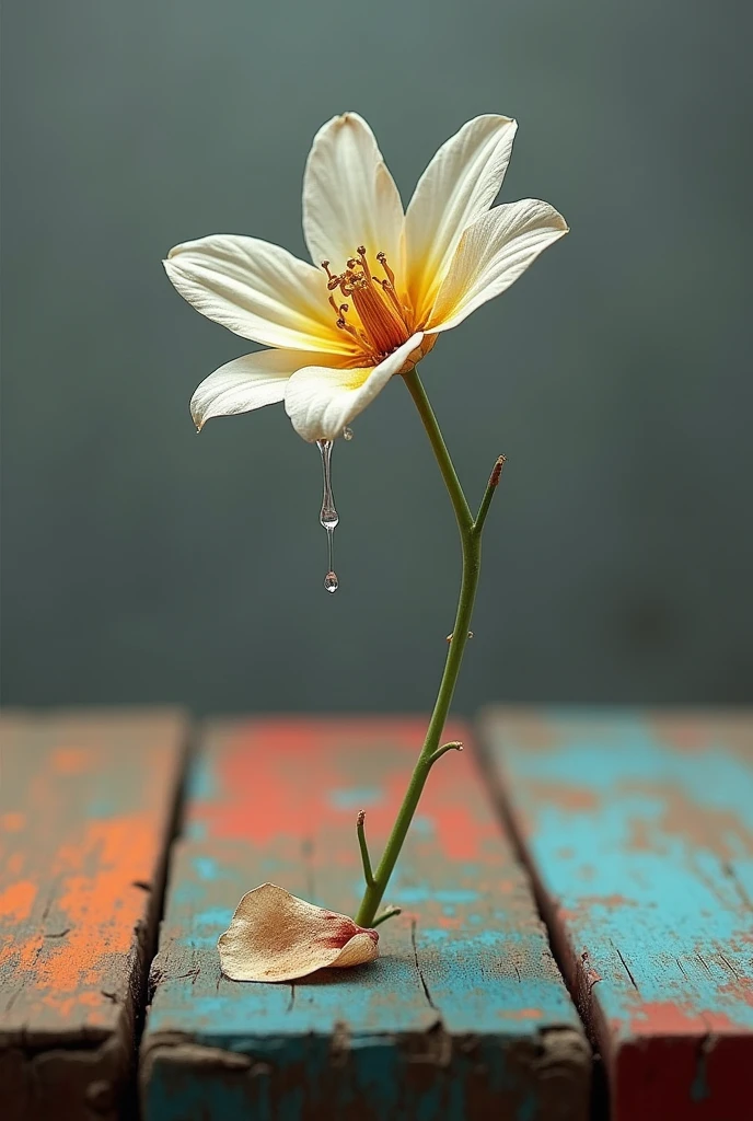 A flower with a withered petal falling on a brightly colored wooden table and a gray background