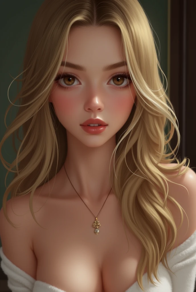 1, bare, Longhaire, smalll breasts, regarder le spectateur, blond hair, Bare shoulders, Brown eyes, jewels, tout le corps, neckleace, off shoulder, Pull-over, Lips, realistic, nose, Flirting with the naked camera, large areola, large nipples, explicit nipples