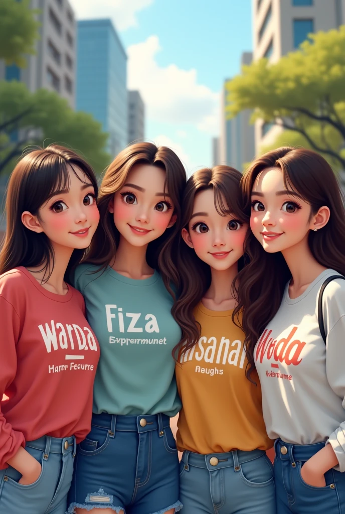 4 female best friend in korea written name on their shirt warda , fiza, muskan, kashaf