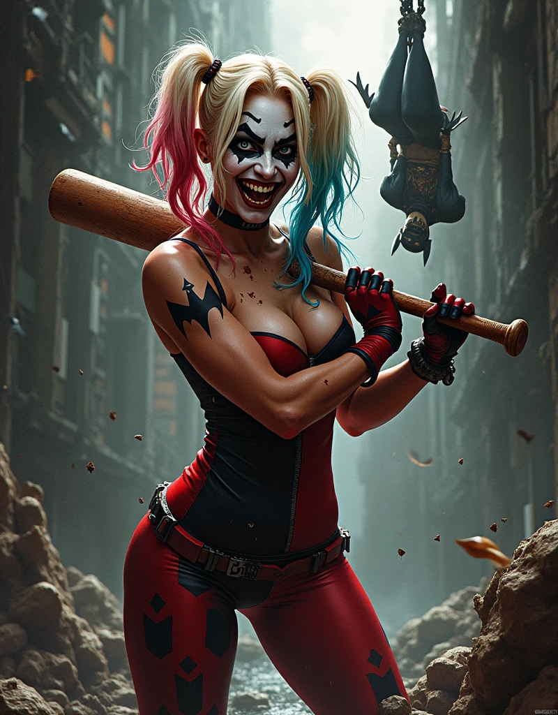 Harley quinn, tout le corps, folie dans les yeux, une batte de base-ball dans les mains, arrière-plan batman pendu par les pieds