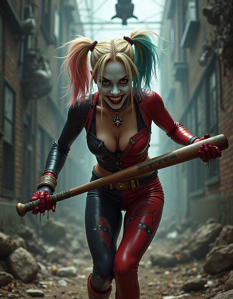 Harley quinn, tout le corps, folie dans les yeux, une batte de base-ball dans les mains, arrière-plan batman pendu par les pieds