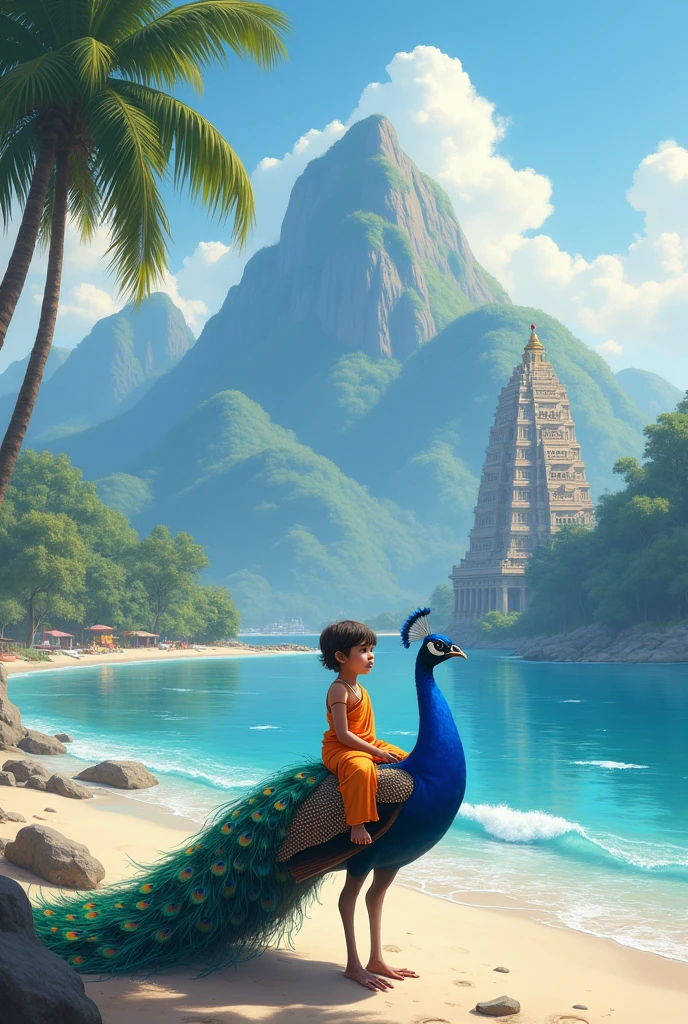 In beach around mountain and lord murugan temple in beach 4 years child lord murugan sitting in peacock in the beach realistic