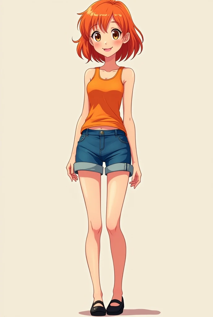 a cartoon girl, anime girl, cell shaded adult animation, shorts, orange hair, solo, short hair, smile, full body, 4k hd, legs visible, tall, blue shorts and an orange tank, brown eyes, 1girl, in black Flats, 4k hd, wide