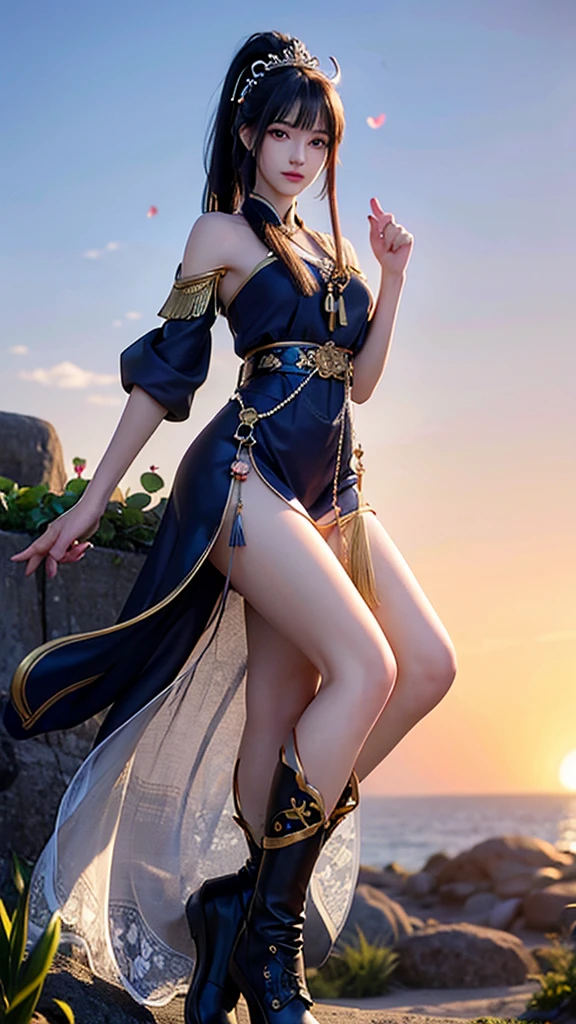 He is a young man, high, slender and thin, curly brown hair, tied to a ponytail and a Chinese crown with an orchid, White skin, eyes like light blue peach, Thin nose, fine reddish fleshy lips, On his forehead a jewel, a thin chain and a blue gem in the middle of his forehead tied to the chain, Navy blue tunic, black boots, bottom of a mountain, The image dates back to ancient China, It is a man who described