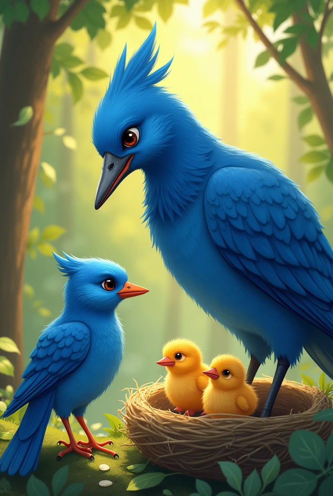 Seeking Treatment: The blue bird goes to a wise bird for medical advice to heal her chicks. The wise bird is also blue, and it is shown helping the bird with her problem.