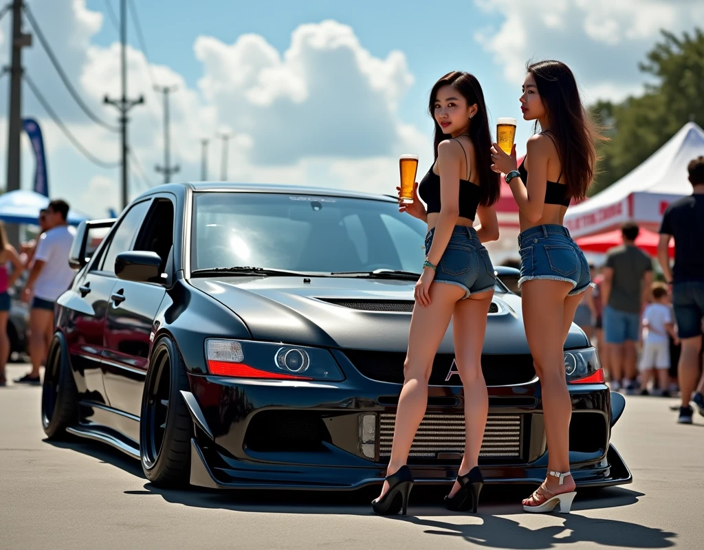 A visually stunning and cinematic photograph of two beautiful Asian girls, exuding confidence and sex appeal, sitting on chairs and sipping beers by a modified Mitsubishi Evolution at a bustling car show. The girls, dressed in shorts and crop tops, create a striking contrast against the meticulously modified JDM car. The vehicle's ultra-black paint glistens under the vibrant daylight, complementing the matte finish of the carbon fiber hood. The bold, red LED headlights cut through the surroundings, and the car's aggressive stance is accentuated by its coilover low suspension. Custom carbon fiber elements, such as the splitter and upgraded bumper, add a touch of elegance. The photographer's expert use of HDR techniques captures every detail of the car's high-performance modifications, creating an artistic masterpiece that will captivate viewers.