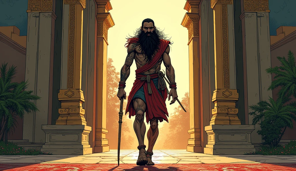 Shakuni returning to Hastinapura, his expression cold and calculating, as he enters the Kuru palace. His legs are twisted and broken, forcing him to walk with a painful limp, and one of his eyes is damaged, leaving it half-closed and cloudy. Despite his physical deformities, his presence exudes a sinister determination as he approaches the palace gates.in comic style 