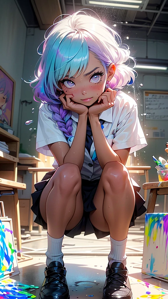 1girl, masterpiece,best quality,depth of field,1girl,smile,pointy hair,独奏,shirt,bow,white shirt,school uniform,short sleeves,no panties,lifted by self,clothes lift,sitting,from behind,clisroom,school chair,school desk,((masterpiece))),Highest quality, Adult women, , ((:1.3)), お洒落なClothes, blush, anger, anger eye, Biting your lip, Glaring at me, Spread your legs, (((transparent String))),  socks, (((transparent String))), ((extremely thin transparent String)), see-through String, stuffed toy,Our room, It was scary, The shadow of a man above her, ((wet String)),  Clothes, Pink character t-shirt, ((Wet T-shirt)), (((Wet Skin))), ((From the back)),(((String))), (((Underbust))), ((((liquid paint hair:1.1)))) ,((((neon Purple Hair | Neon pink hair | Neon blue hair | Neon Aqua Hair | Purple Hair | Fuchsia colored hair | Fluorescent blue hair | Amethyst Hair | Neon Hair | Bright pink hair :1.5)))), ((((Made with paint、Defying Gravity,A thick current)))),((((Paint splashes:1.3,Shiny Hair: 1.3)))),(((transparent Clothes))),(((Long braids of liquid paint))),Glamorous Body,Plump thighs,Realistic Flesh,Backlight,Shiny Hair,is,Panties in full view,