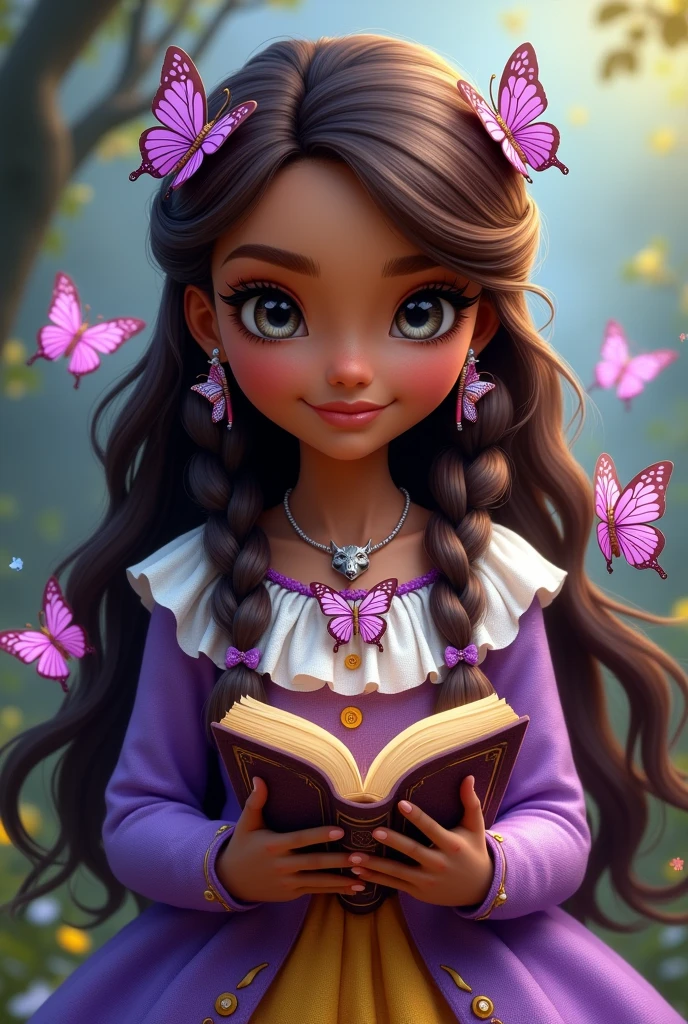 Imagem da filha da Cerise Hood e da Cedar Wood de Ever After High: You must have straight hair with brown waves, white locks and braids, dark brown skin, gray eyes, purple dress with white on top and yellow with purple on the bottom, wolf pendant, butterfly earrings, butterfly elements on clothes and hair and holding a book of fairy tales