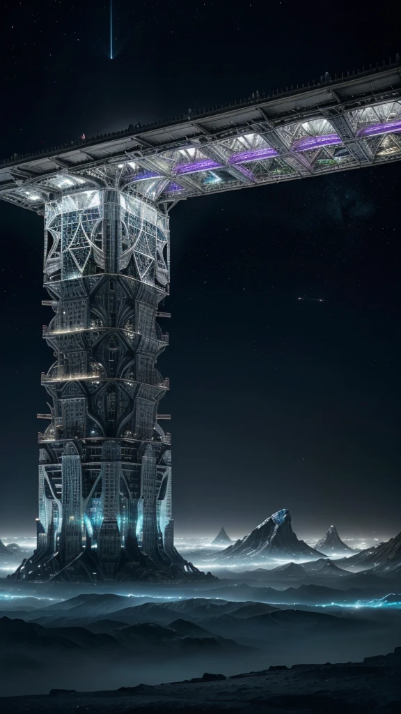 "Imagine a vast landscape under a stormy, violet sky, where strange structures rise in silence, created by a non-human and superior intelligence. The shapes that make up these constructions are impossible for the human mind to understand.: towers that appear to bend and flow like solid liquid, suspended in the air by an invisible force, with geometries that defy all known logic. Some look like metallic vines that intertwine in complex fractal patterns., while other structures are made of translucent materials that reflect lights in spectral hues, as if they were alive or in constant mutation.
Vast, unsupported bridges stretch across the landscape, made of a substance that glows with a cold, alien glow, as if absorbing the same energy from the cosmic vacuum. At some points, Giant cubes float, Each face covered in ever-changing symbolic patterns, Its surfaces undulate as if they were made of an organic and technological fabric at the same time.. Other buildings seem to merge with the air itself, being visible only from certain angles, and disappearing into absolute nothingness when they are attempted to be observed directly..
These structures project a sense of overwhelming superiority., as if they were artifacts of a civilization so advanced that their mere presence distorts space and time.. The atmosphere vibrates with a dark and unfathomable energy, and the wind carries with it incomprehensible whispers that suggest purposes that transcend all human understanding.. Here, in this forbidden place, you feel the weight of a higher mind, whose true nature remains hidden in the folds of a reality that our species cannot reach.. This is represented as a forgotten monolith on a distant planet