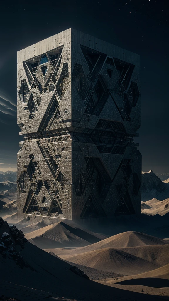 "Imagine a vast landscape under a stormy, violet sky, where strange structures rise in silence, created by a non-human and superior intelligence. The shapes that make up these constructions are impossible for the human mind to understand.: towers that appear to bend and flow like solid liquid, suspended in the air by an invisible force, with geometries that defy all known logic. Some look like metallic vines that intertwine in complex fractal patterns., while other structures are made of translucent materials that reflect lights in spectral hues, as if they were alive or in constant mutation.

Vast, unsupported bridges stretch across the landscape, made of a substance that glows with a cold, alien glow, as if absorbing the same energy from the cosmic vacuum. At some points, Giant cubes float, Each face covered in ever-changing symbolic patterns, Its surfaces undulate as if they were made of an organic and technological fabric at the same time.. Other buildings seem to merge with the air itself, being visible only from certain angles, and disappearing into absolute nothingness when they are attempted to be observed directly..
These structures project a sense of overwhelming superiority., as if they were artifacts of a civilization so advanced that their mere presence distorts space and time.. The atmosphere vibrates with a dark and unfathomable energy, and the wind carries with it incomprehensible whispers that suggest purposes that transcend all human understanding.. Here, in this forbidden place, you feel the weight of a higher mind, whose true nature remains hidden in the folds of a reality that our species cannot reach.. This is represented as a forgotten monolith on a distant planet 