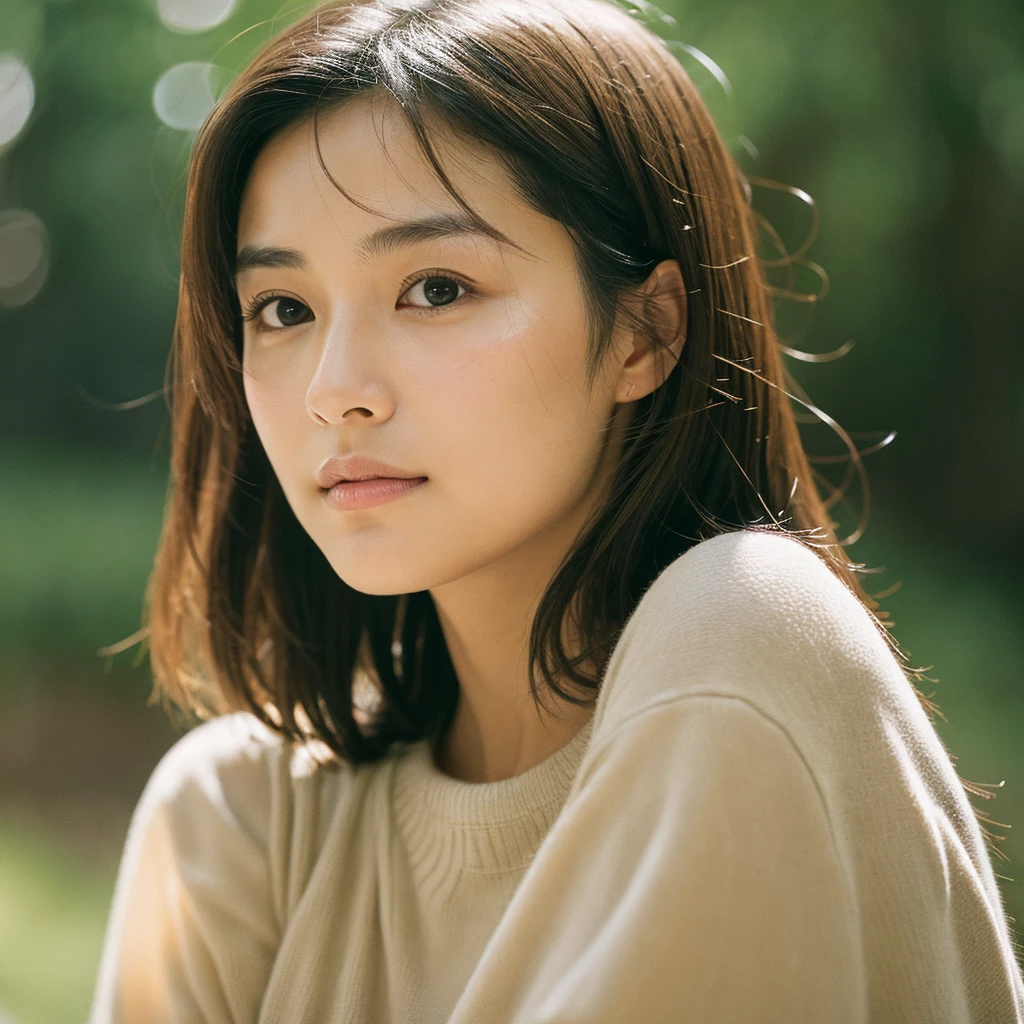 A hyper-realistic image of a single Japanese woman in her early 20s, captured with the nostalgic warmth and subtle graininess of a film camera. Her skin has a warm beige tone with a natural, slightly rough texture that includes visible pores, fine lines, and subtle imperfections such as small blemishes, adding to the authenticity of her appearance. The soft, diffused natural light enhances the film-like quality, casting gentle shadows that create a timeless, organic feel. Her straight, glossy black hair frames her face in a natural, slightly tousled manner, and her deep brown eyes reflect the ambient light, adding depth and emotion. The film camera effect introduces a slight grain and a softer focus, giving the image a warm, nostalgic atmosphere while maintaining the realistic texture of her skin. She is dressed simply, in a way that complements her natural beauty, with the overall composition designed to evoke a sense of genuine, understated elegance. The use of natural light, combined with the deliberately rougher texture of her skin and the film-like qualities, ensures that this image captures the imperfections that make her beauty truly lifelike, focusing solely on this one individual.