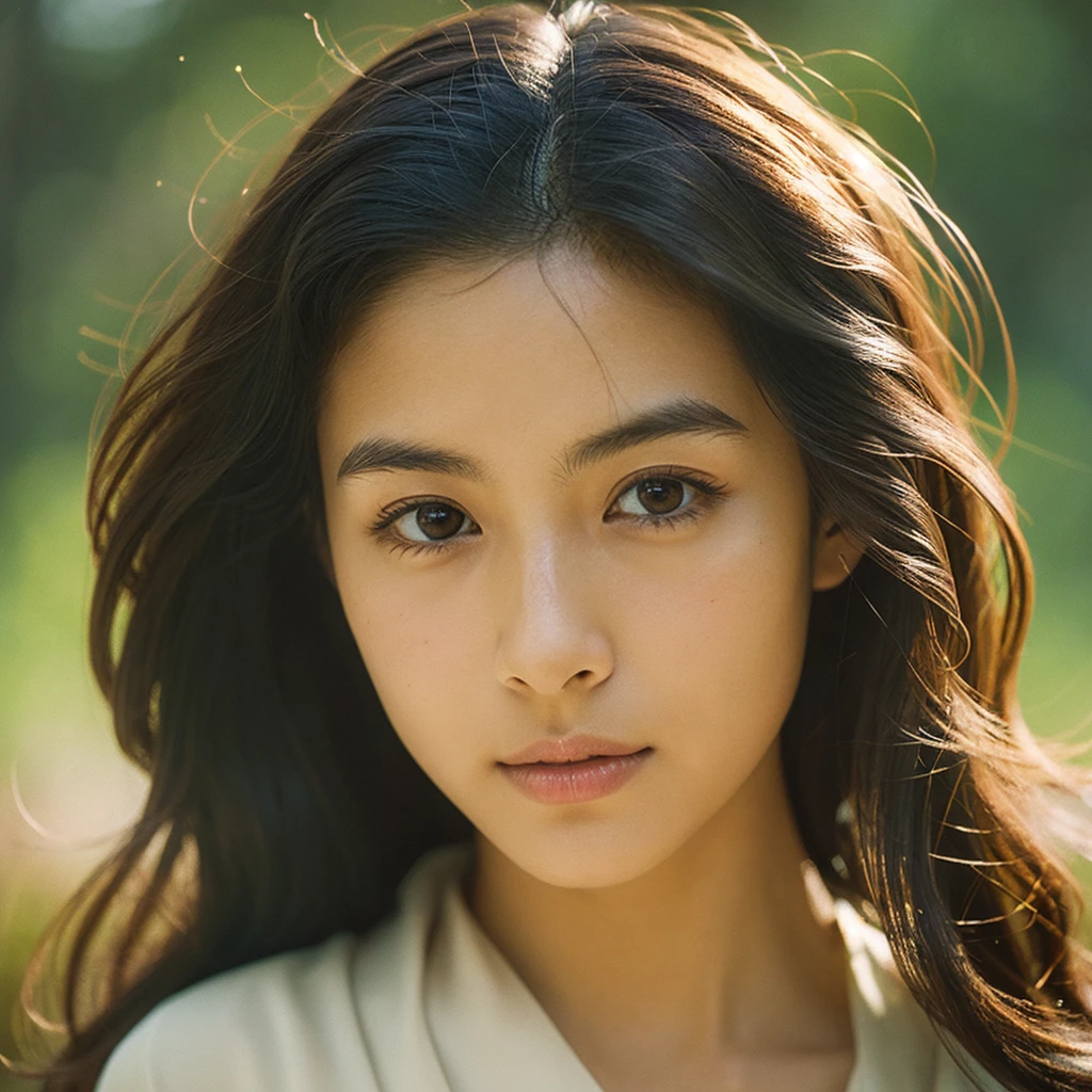 A hyper-realistic image of a single Japanese woman in her early 20s, captured with the nostalgic warmth and subtle graininess of a film camera. Her skin has a warm beige tone with a natural, slightly rough texture that includes visible pores, fine lines, and subtle imperfections such as small blemishes, adding to the authenticity of her appearance. The soft, diffused natural light enhances the film-like quality, casting gentle shadows that create a timeless, organic feel. Her straight, glossy black hair frames her face in a natural, slightly tousled manner, and her deep brown eyes reflect the ambient light, adding depth and emotion. The film camera effect introduces a slight grain and a softer focus, giving the image a warm, nostalgic atmosphere while maintaining the realistic texture of her skin. She is dressed simply, in a way that complements her natural beauty, with the overall composition designed to evoke a sense of genuine, understated elegance. The use of natural light, combined with the deliberately rougher texture of her skin and the film-like qualities, ensures that this image captures the imperfections that make her beauty truly lifelike, focusing solely on this one individual.