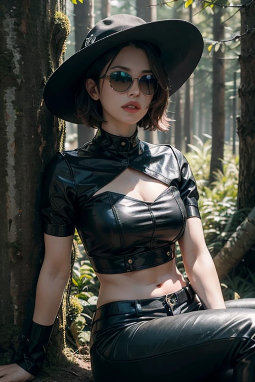 woman, latex, hat, sitting, sunglasses, forest background, horror style, 2, brazilian appearance, abs, short hair, black hair, laugh, bar, ascii, realism, hyperrealism, highly detailed, sublime, extremely beautiful, sharp focus, sophisticated, cinematic, intricate, elegant, dynamic, rich, deep colors, vibrant color, shining light, attractive, cute, beautiful, full background, epic composition, dramatic atmosphere, shining, professional, stunning