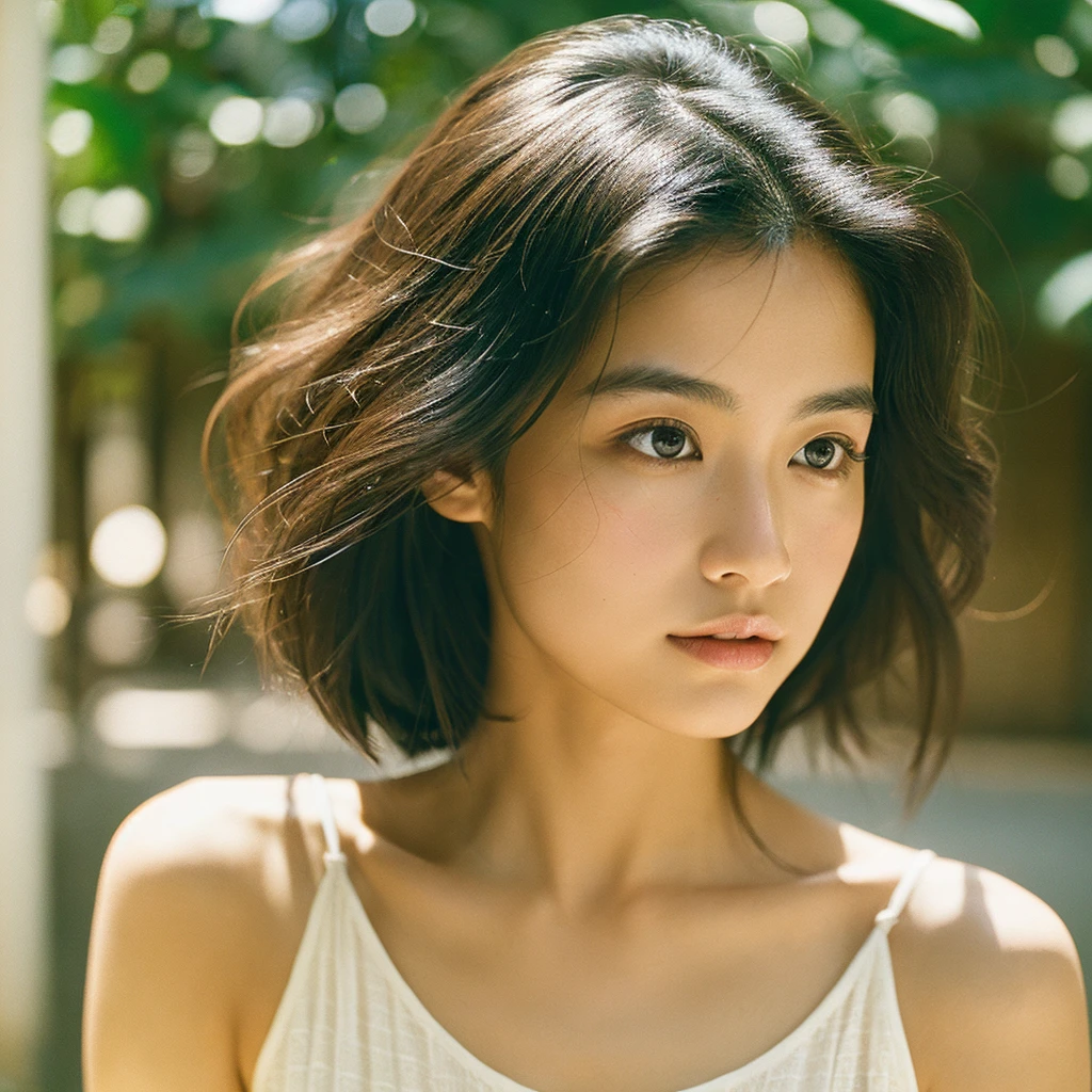 A hyper-realistic image of a single Japanese woman in her early 20s, captured with the nostalgic warmth and subtle graininess of a film camera. Her skin has a warm beige tone with a natural, slightly rough texture that includes visible pores, fine lines, and subtle imperfections such as small blemishes, adding to the authenticity of her appearance. The soft, diffused natural light enhances the film-like quality, casting gentle shadows that create a timeless, organic feel. Her straight, glossy black hair frames her face in a natural, slightly tousled manner, and her deep brown eyes reflect the ambient light, adding depth and emotion. The film camera effect introduces a slight grain and a softer focus, giving the image a warm, nostalgic atmosphere while maintaining the realistic texture of her skin. She is dressed simply, in a way that complements her natural beauty, with the overall composition designed to evoke a sense of genuine, understated elegance. The use of natural light, combined with the deliberately rougher texture of her skin and the film-like qualities, ensures that this image captures the imperfections that make her beauty truly lifelike, focusing solely on this one individual.