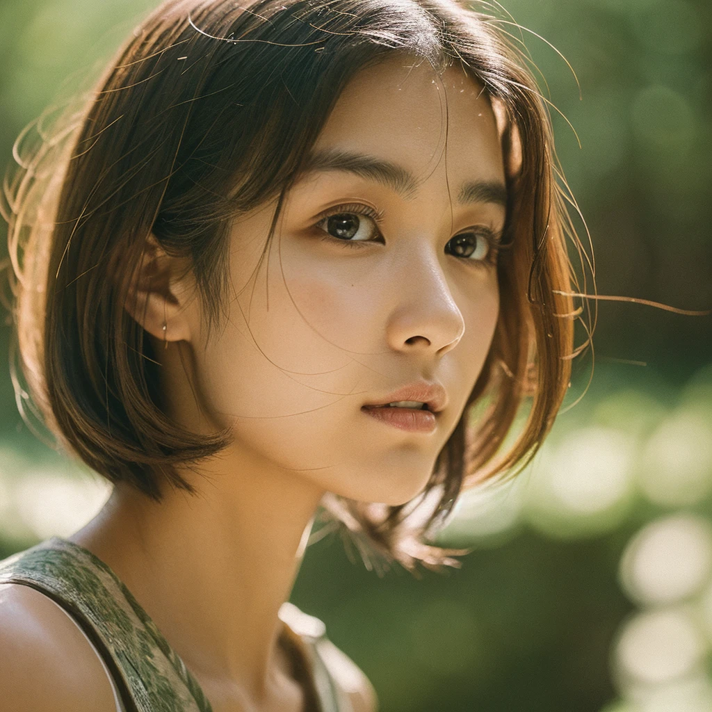 A hyper-realistic image of a single Japanese woman in her early 20s, captured with the nostalgic warmth and subtle graininess of a film camera. Her skin has a warm beige tone with a natural, slightly rough texture that includes visible pores, fine lines, and subtle imperfections such as small blemishes, adding to the authenticity of her appearance. The soft, diffused natural light enhances the film-like quality, casting gentle shadows that create a timeless, organic feel. Her straight, glossy black hair frames her face in a natural, slightly tousled manner, and her deep brown eyes reflect the ambient light, adding depth and emotion. The film camera effect introduces a slight grain and a softer focus, giving the image a warm, nostalgic atmosphere while maintaining the realistic texture of her skin. She is dressed simply, in a way that complements her natural beauty, with the overall composition designed to evoke a sense of genuine, understated elegance. The use of natural light, combined with the deliberately rougher texture of her skin and the film-like qualities, ensures that this image captures the imperfections that make her beauty truly lifelike, focusing solely on this one individual.