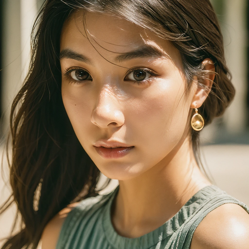 A hyper-realistic image of a single Japanese woman in her early 20s, captured with the nostalgic warmth and subtle graininess of a film camera. Her skin has a warm beige tone with a natural, slightly rough texture that includes visible pores, fine lines, and subtle imperfections such as small blemishes, adding to the authenticity of her appearance. The soft, diffused natural light enhances the film-like quality, casting gentle shadows that create a timeless, organic feel. Her straight, glossy black hair frames her face in a natural, slightly tousled manner, and her deep brown eyes reflect the ambient light, adding depth and emotion. The film camera effect introduces a slight grain and a softer focus, giving the image a warm, nostalgic atmosphere while maintaining the realistic texture of her skin. She is dressed simply, in a way that complements her natural beauty, with the overall composition designed to evoke a sense of genuine, understated elegance. The use of natural light, combined with the deliberately rougher texture of her skin and the film-like qualities, ensures that this image captures the imperfections that make her beauty truly lifelike, focusing solely on this one individual.