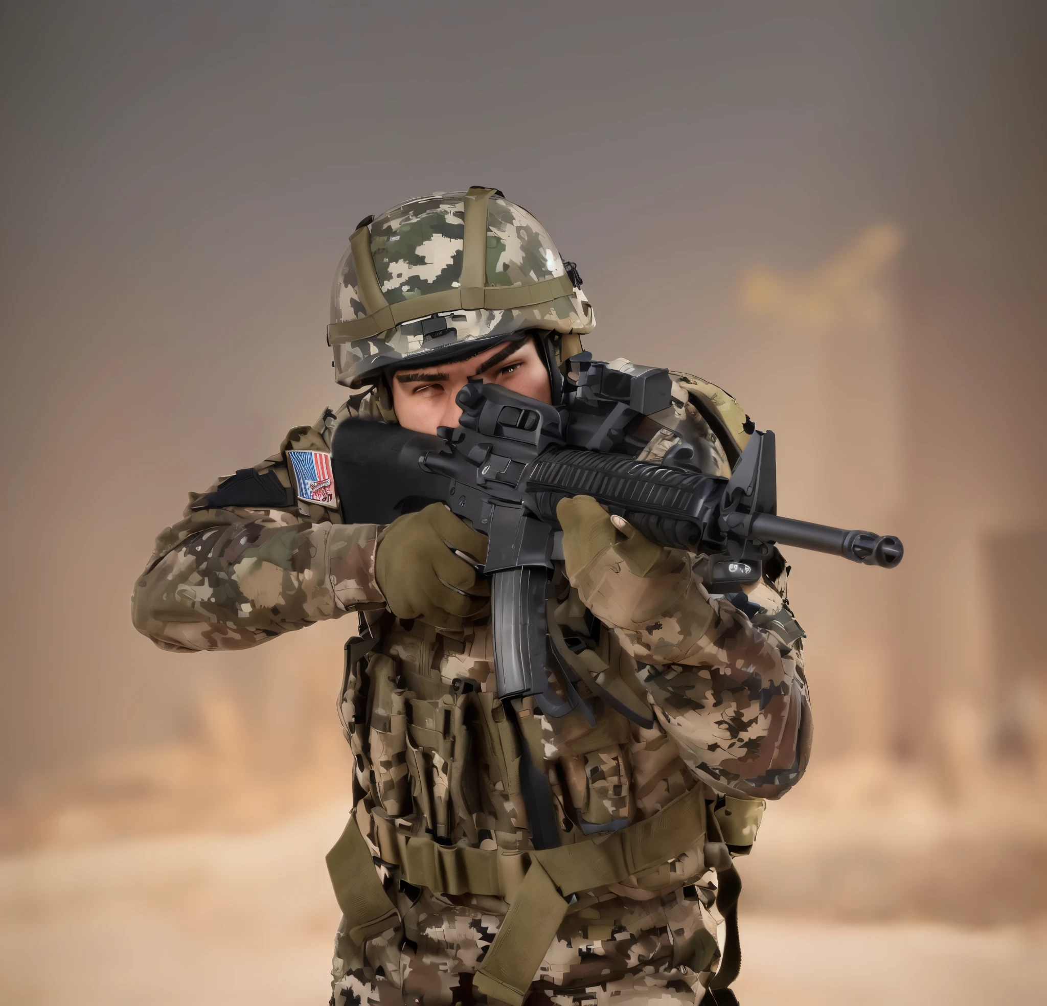 arafed soldier with a gun in his hand and a helmet on, a soldier aiming a gun, airsoft cqb, airsoft gun, shoulder mounted gun, man is carrying a rifle, wielding assault rifle, holding rifle, top shot, airsoft electric pistol, handling riffle on chest, military weaponry, battle action pose, holding a rifle, realistic soldiers, M16A2, new york